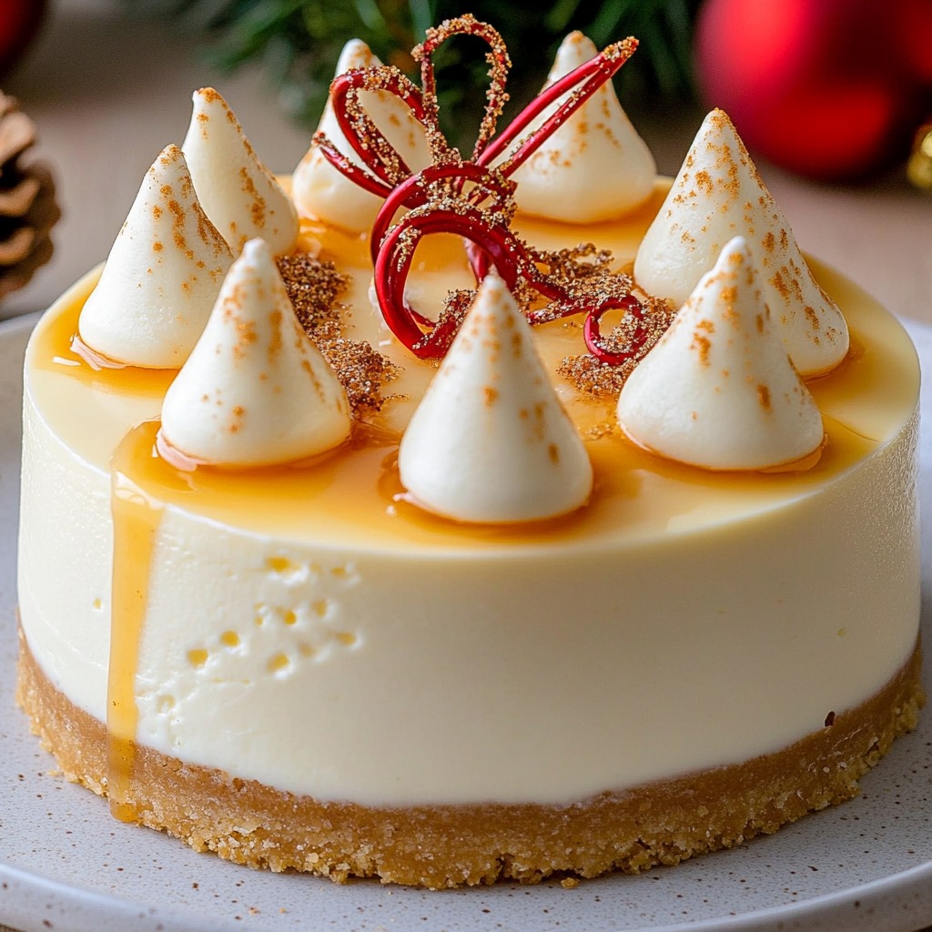 Round vanilla cheesecake with whipped cream peaks, caramel layer, and red sugar bow decoration