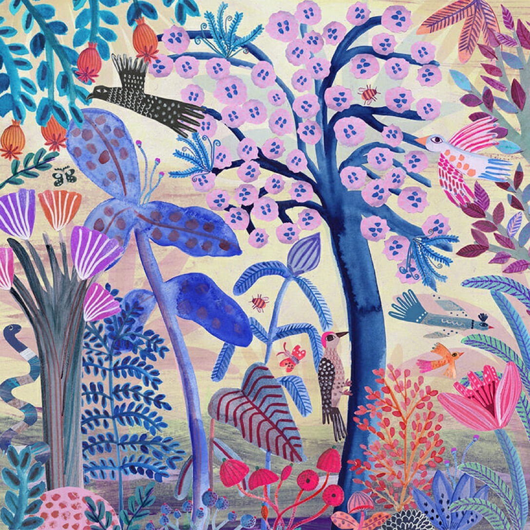 Colorful illustrated forest with pink flowering trees, blue plants, and a large purple moth