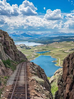 Railway tracks between rocky cliffs leading down to blue lakes and distant snow-capped mountains