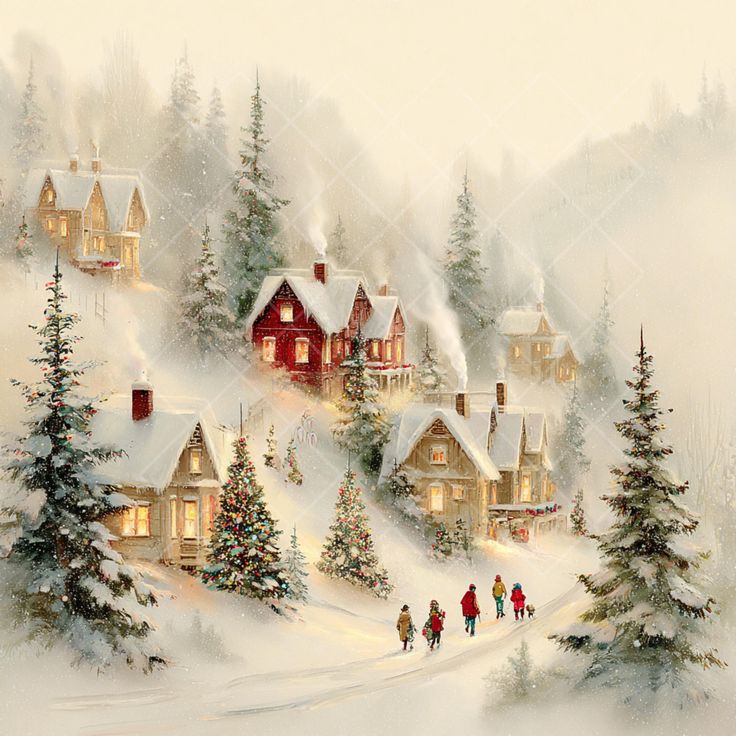 Snowy winter village with glowing cottages, pine trees, and people walking on a path