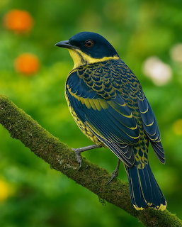 Blue and yellow bird with scaled feather pattern perched on a mossy branch