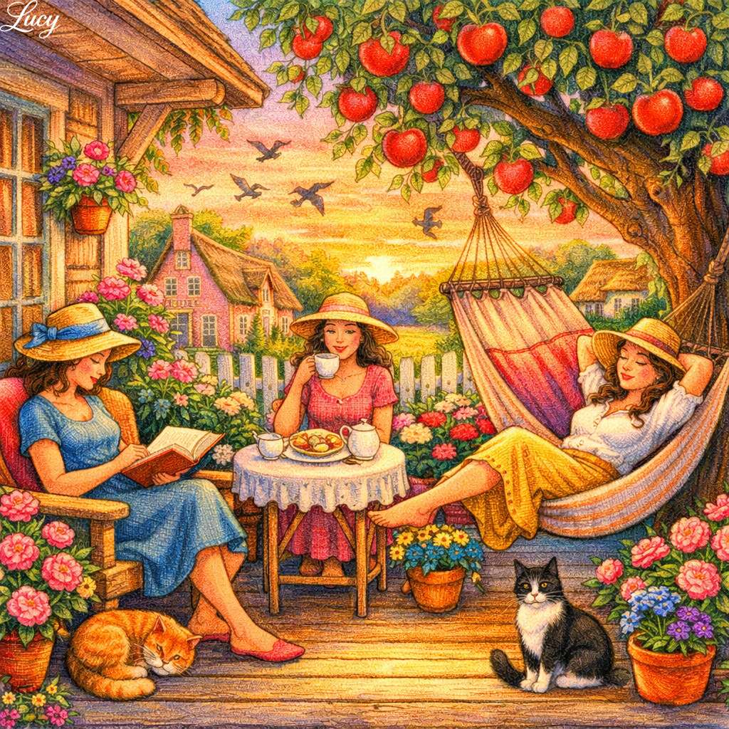 Illustration of three women on a flower-filled porch with cats, apple tree, and sunset countryside view