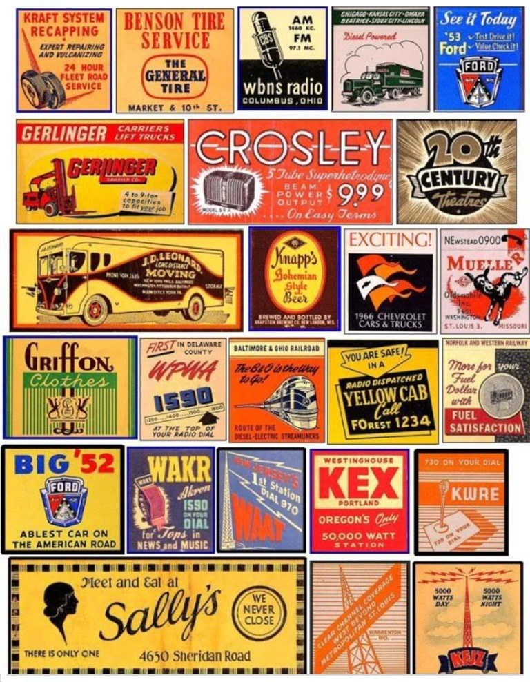 Assortment of vintage metal advertising signs with retro graphics and typography