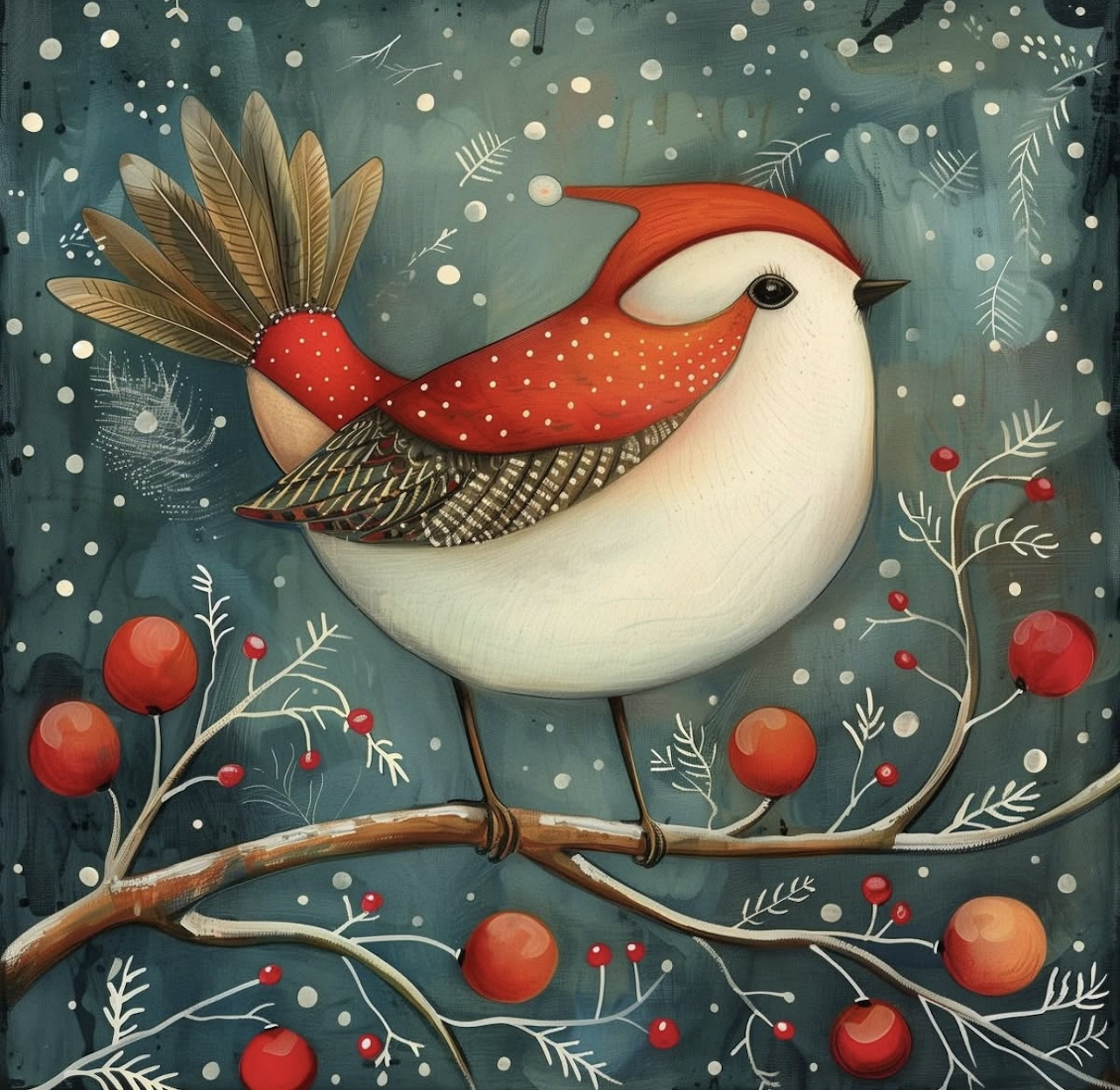 Folk art painting of white bird in red Santa hat on branch with berries and snowflakes