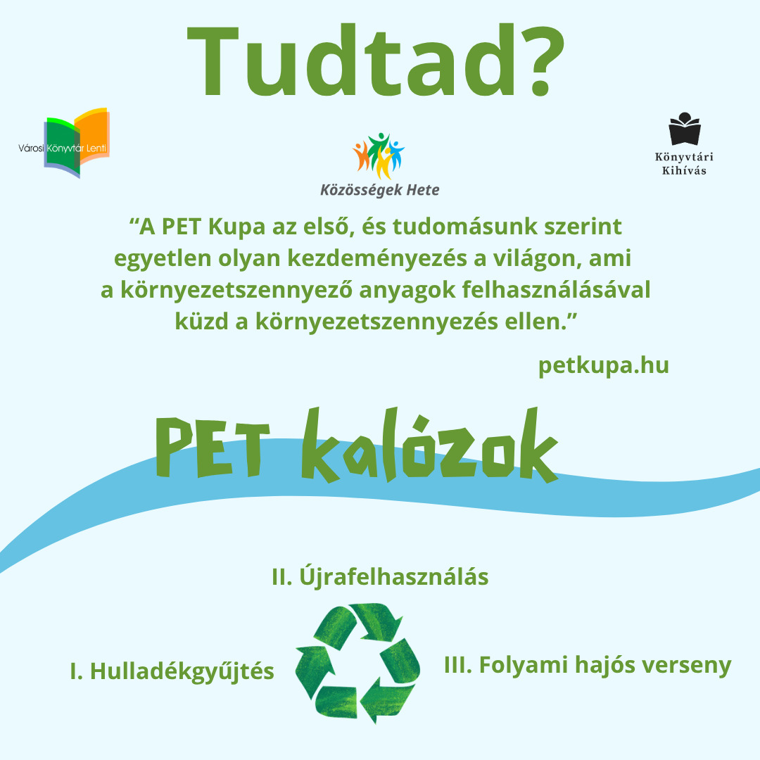 Hungarian recycling poster with green text, blue wave, logos, and a recycle symbol