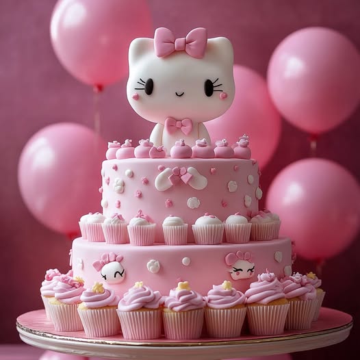 Pink three-tier Hello Kitty birthday cake with cupcakes and balloon decorations