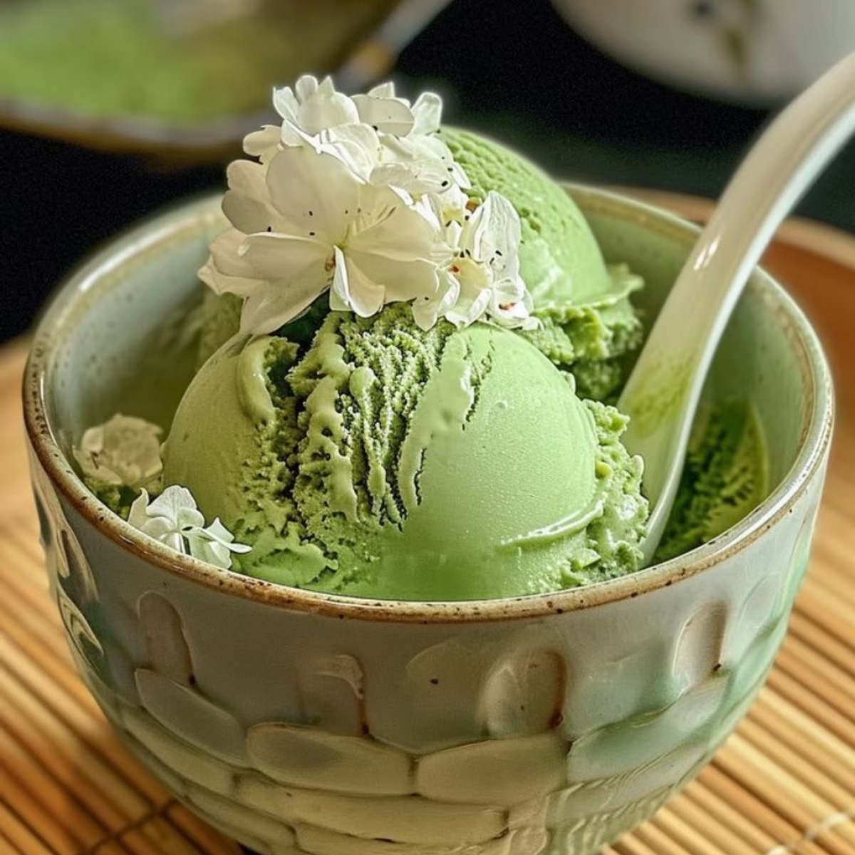 Green matcha ice cream scoops in a ceramic bowl with whipped cream and a spoon