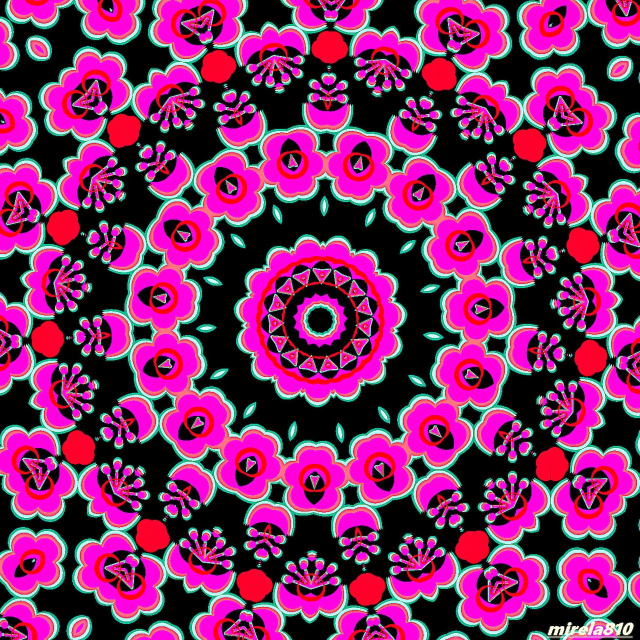 Radial mandala with pink flowers and geometric patterns on black background