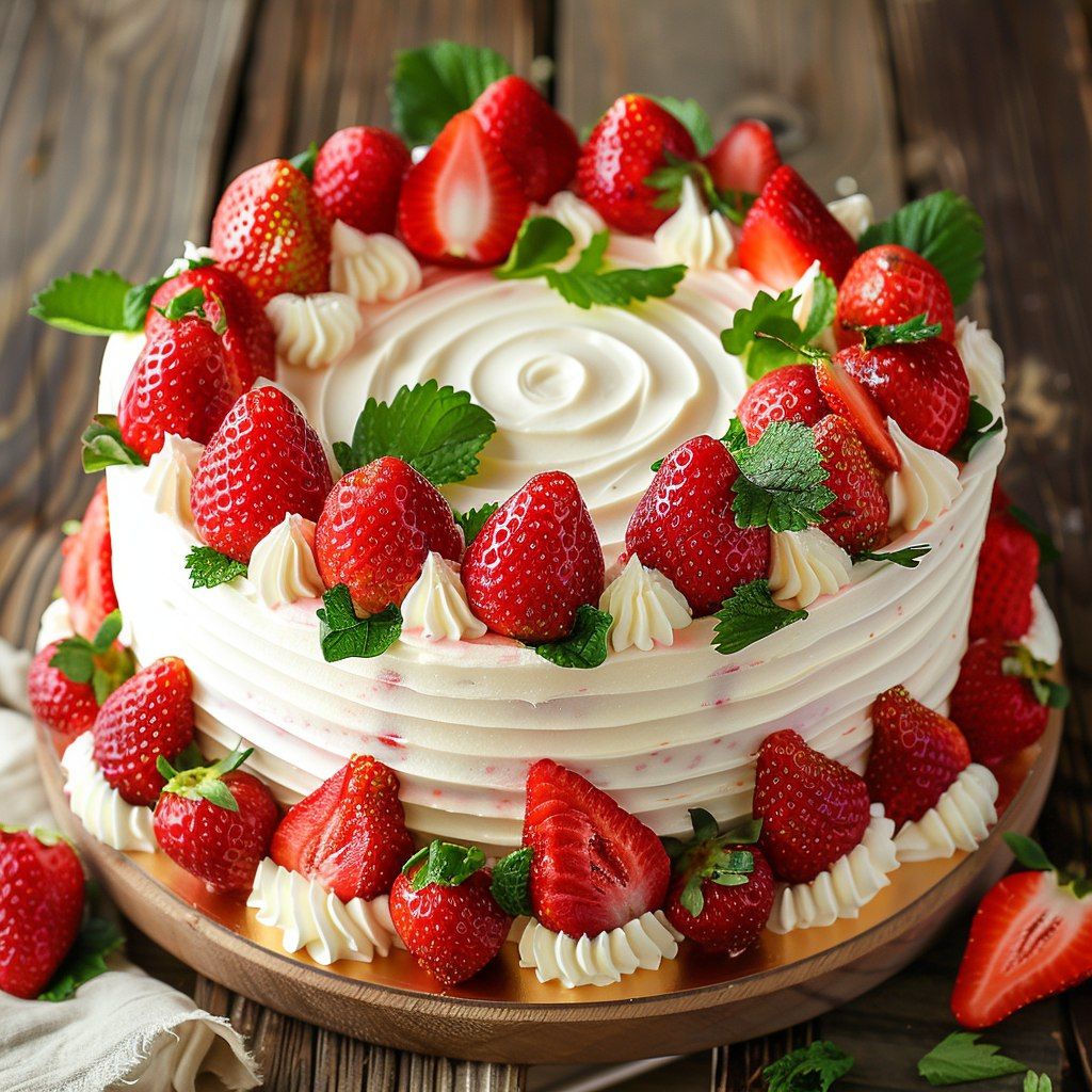 Two-tier white frosted cake topped with fresh strawberries, cream swirls, and mint leaves on wooden board