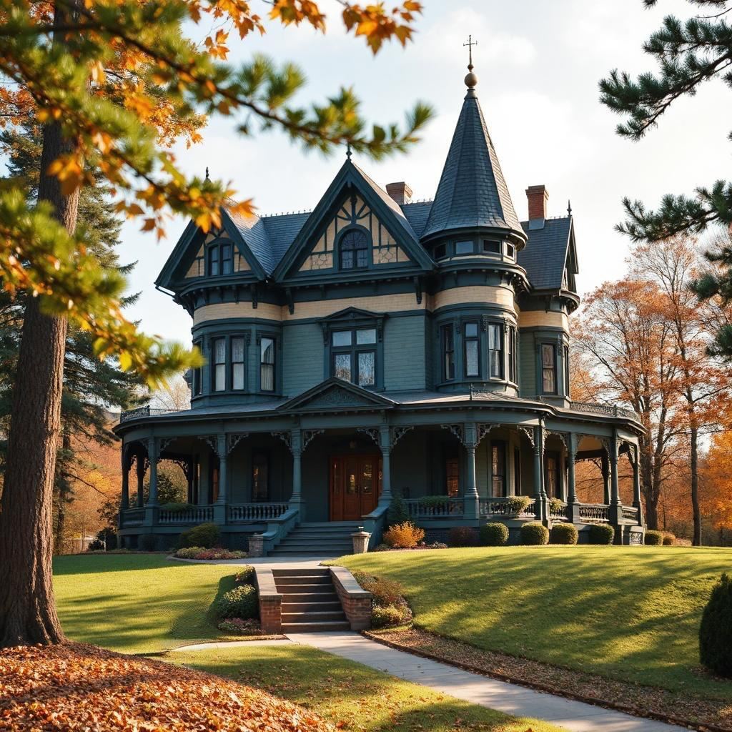 Victorian mansion with turret and porch on lawn with fall trees
