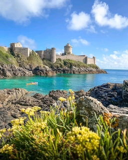 Medieval castle on rocky seaside cliffs with turquoise water and yellow wildflowers in foreground