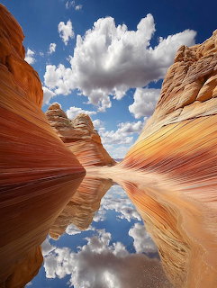 Layered sandstone formations with water reflection at The Wave, Arizona under blue sky with white clouds