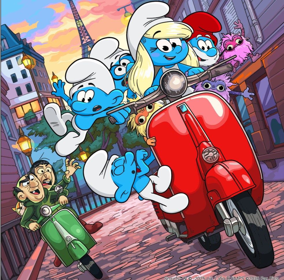 Cartoon Smurfs riding red and green scooters on a city street with the Eiffel Tower behind them