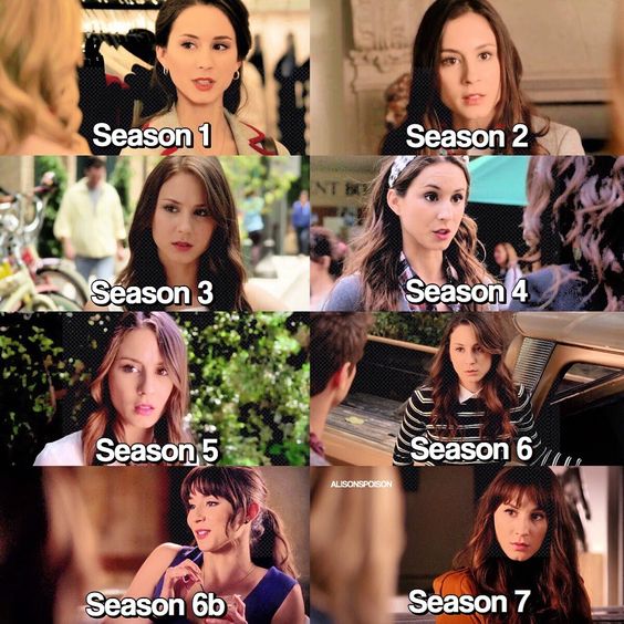 Collage of eight labeled screenshots of a brunette woman across Season 1 to Season 7