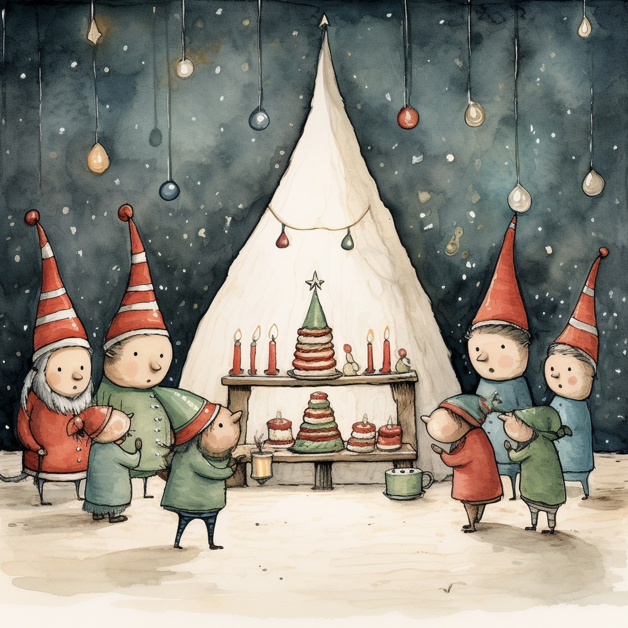 Cartoon elves in colorful outfits celebrating around a Christmas tree and layered cake with hanging ornaments