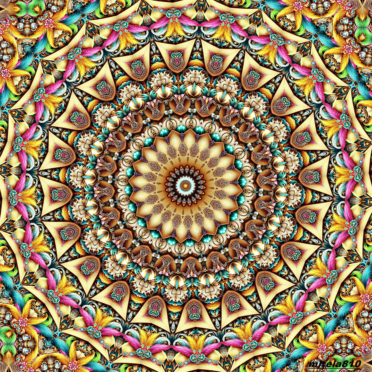 Intricate colorful mandala with symmetrical geometric patterns radiating from center in warm and cool tones