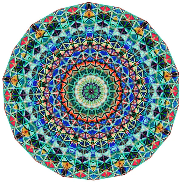 Circular mandala with intricate geometric patterns in blue, teal, red, and orange with triangular mosaic design