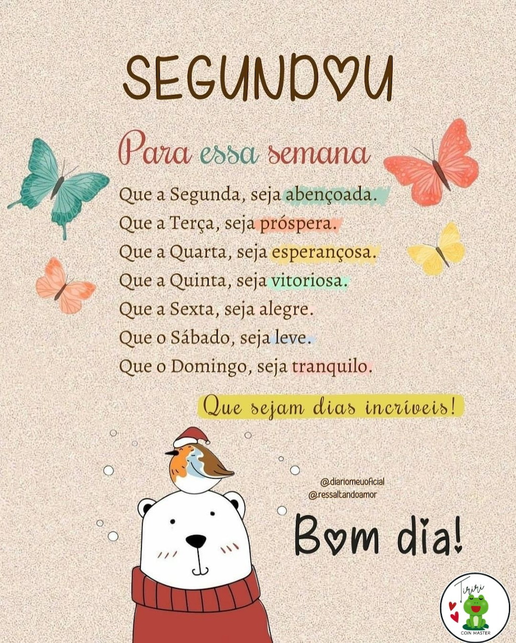 Brazilian Portuguese weekly blessing card with butterflies, a cute bear, and 'Bom dia!' greeting