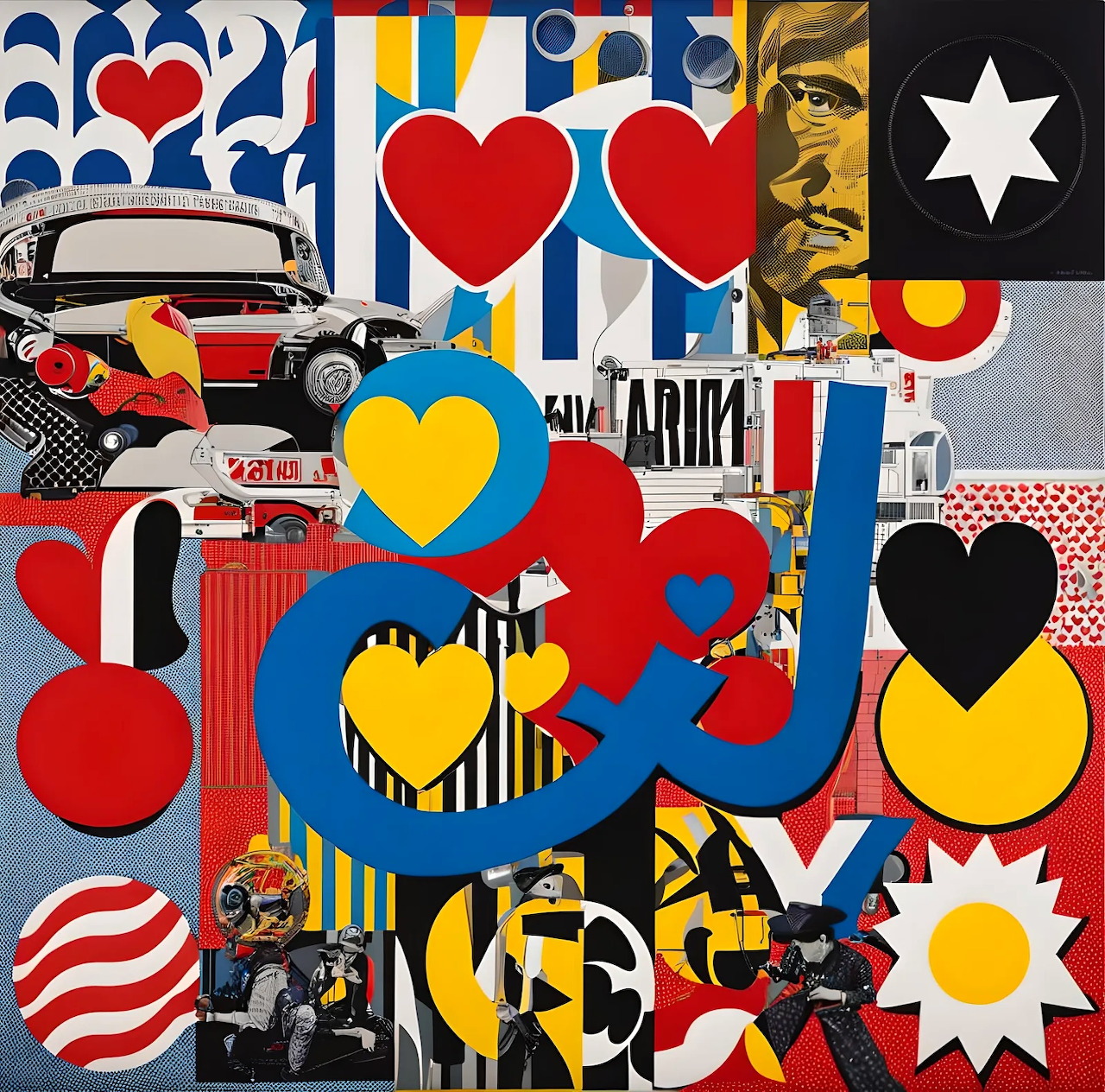 Colorful pop art collage with hearts, circles, stars, stripes, and vintage car images in bold primary colors