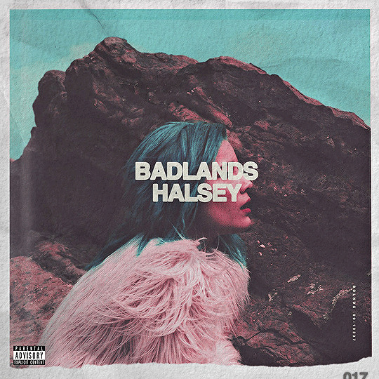 Album cover with a blue-haired woman in profile, rocky cliffs, and the text Badlands Halsey