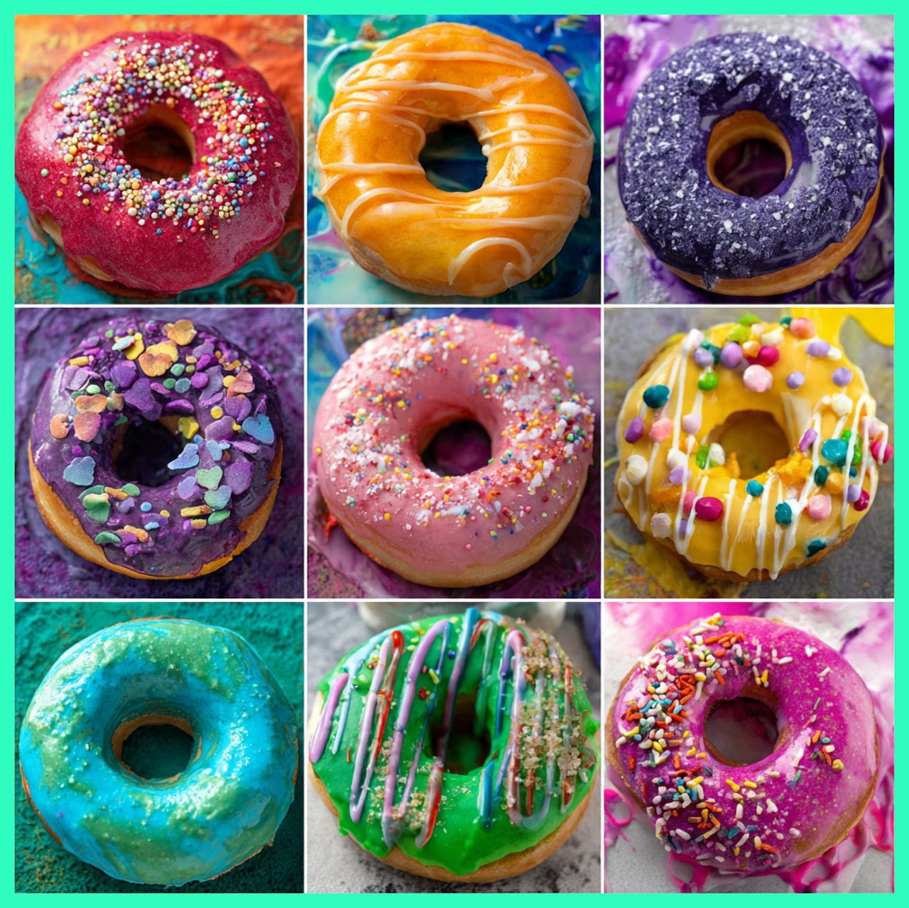 Grid of nine colorful frosted doughnuts with various toppings and sprinkles on turquoise backgrounds