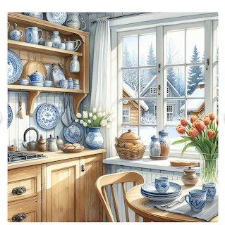 Cozy kitchen with blue-and-white pottery, wooden shelves, tulips, and a snowy view through the window
