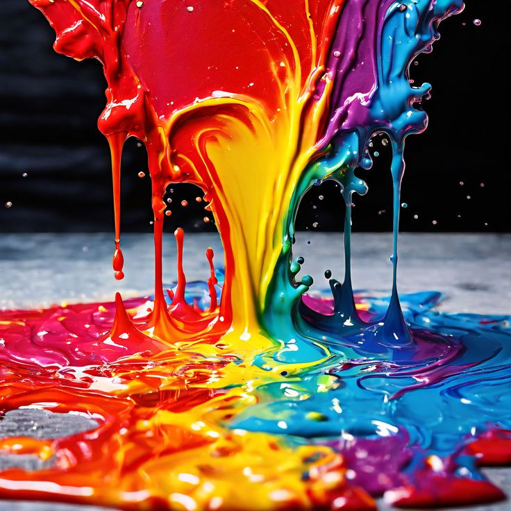 Bright multicolored paint splashing and dripping on a dark background