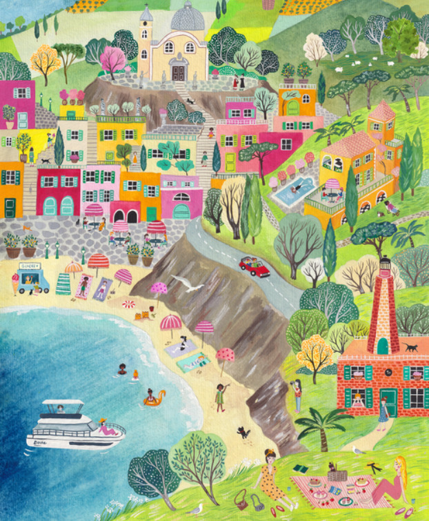 Whimsical illustration of a colorful hillside village by the ocean with beach, palm trees, and cruise ship