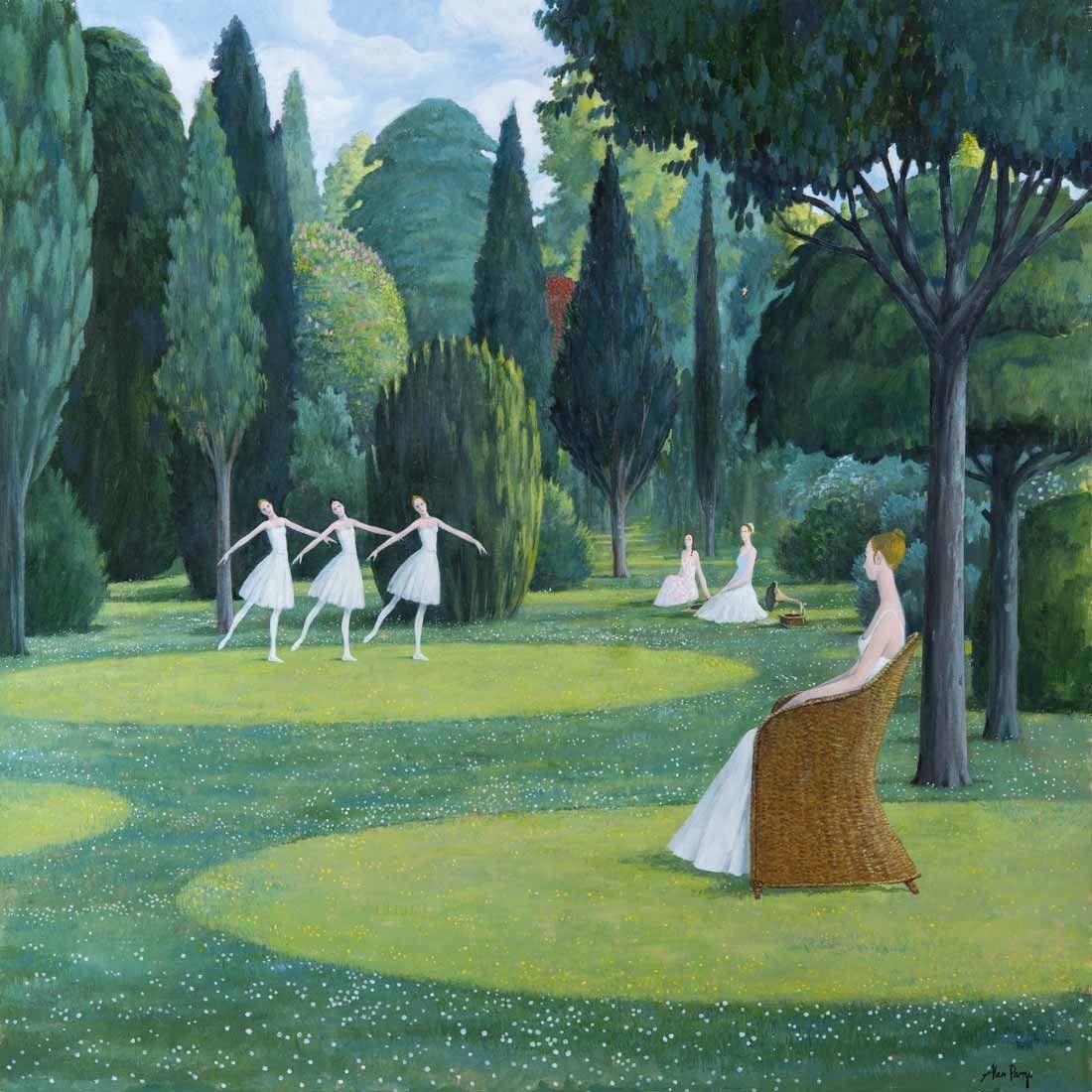 Painting of women in white dresses in a green garden with tall trees