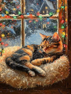Orange tabby cat napping on cozy windowsill with Christmas lights and snowy village view outside