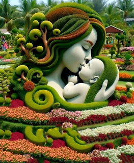 Large green topiary sculpture of mother holding baby surrounded by colorful flower gardens