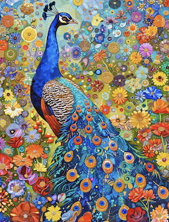 Colorful painting of peacock with ornate tail feathers amid bright floral garden