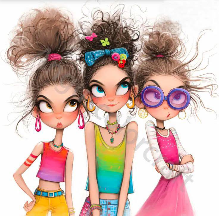 Illustration of three stylish cartoon girls with big eyes, colorful clothes, and messy hair