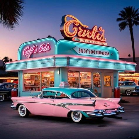 Pink classic car parked outside a retro neon diner at dusk with palm trees