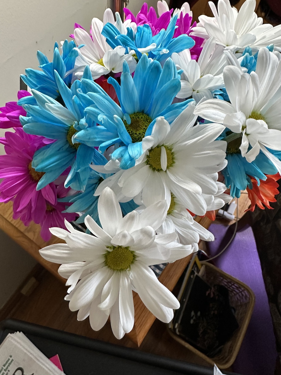 Close-up of a bouquet of white, blue, and pink daisy flowers