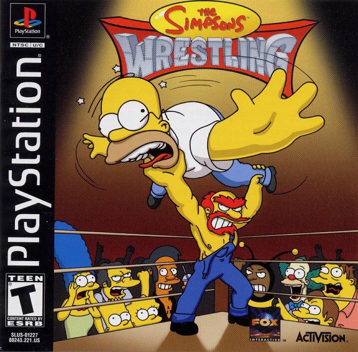 The Simpsons Wrestling PS1 game cover with Homer and Bart in wrestling poses