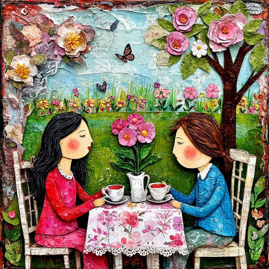 Illustration of two women having tea at a garden table surrounded by flowers and butterflies