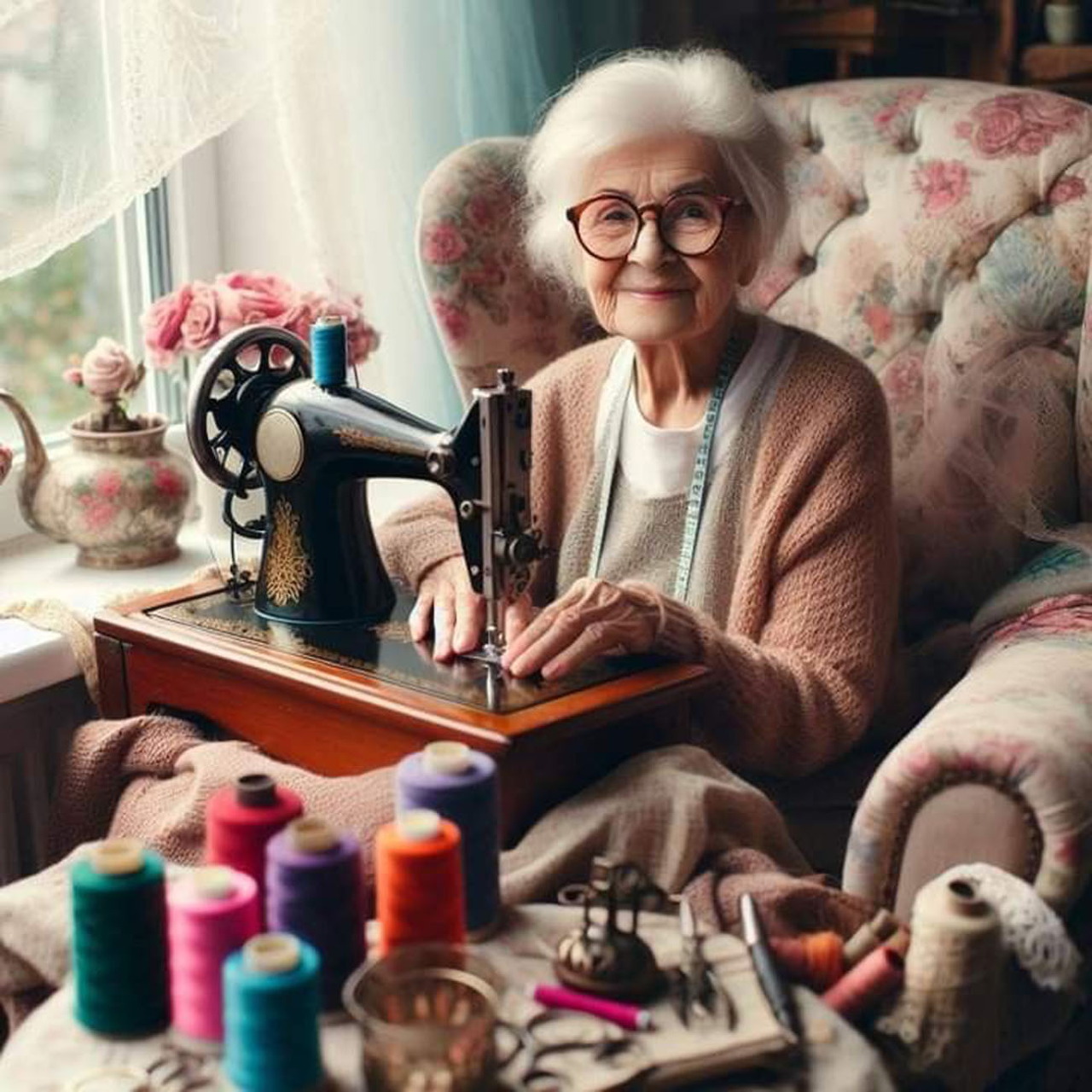 Elderly Woman Sewing Machine