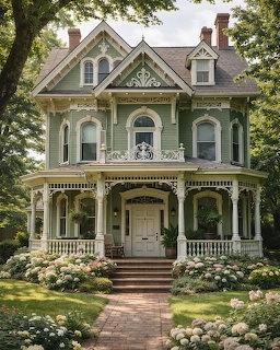 Green Victorian house with white trim, wraparound porch, and hydrangea flower gardens in front