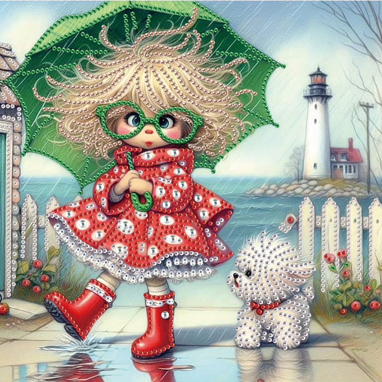 Illustrated girl with green umbrella and red polka dot dress walking a white dog in the rain by a lighthouse