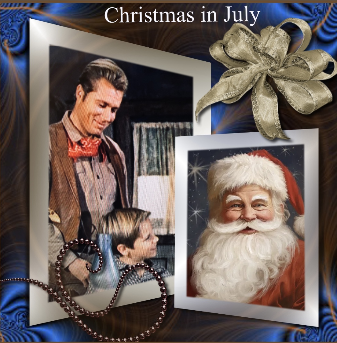 Festive Christmas in July collage with framed portraits, Santa Claus, and a gold ribbon
