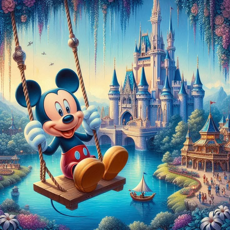Mickey Mouse on a swing with a grand castle and lake in the background
