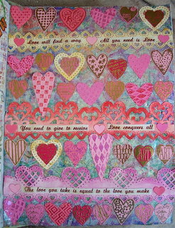 Colorful valentine collage with many patterned hearts and romantic text banners