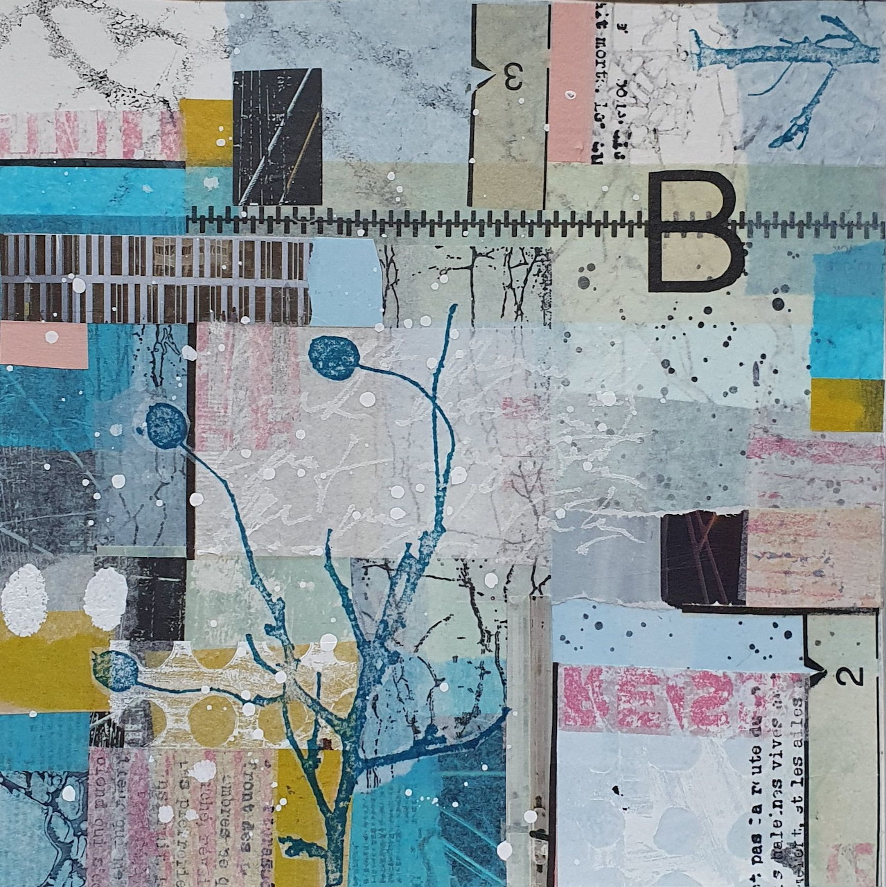 Abstract collage artwork with layered textures, geometric blocks, lines, and blue branch-like forms