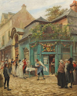 Oil painting of Victorian-era people at outdoor market with turquoise shop front and flowers