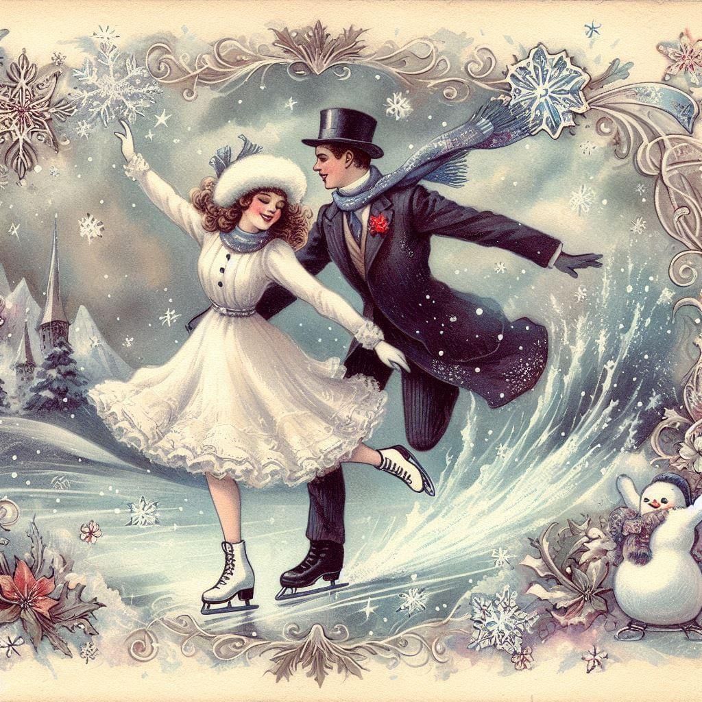 Vintage illustration of a couple ice skating on a snowy pond with a snowman and ornate winter border