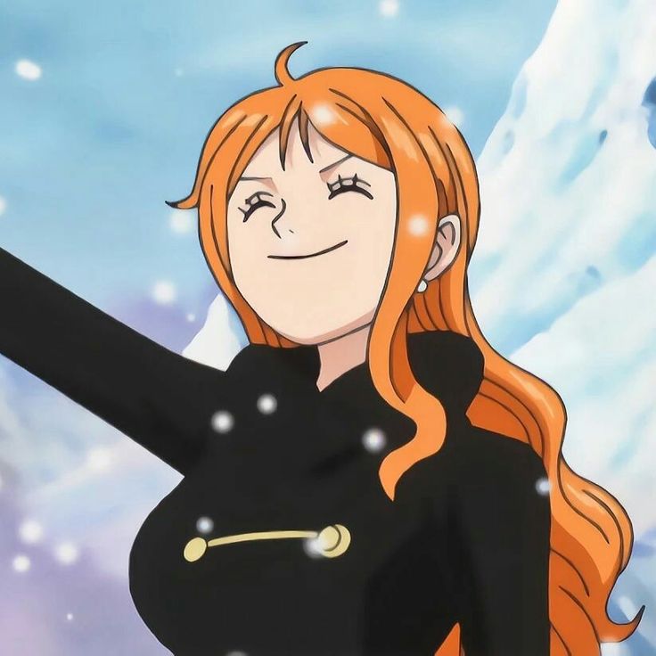 Nami from One Piece anime smiling with orange hair and black outfit in snowy scene