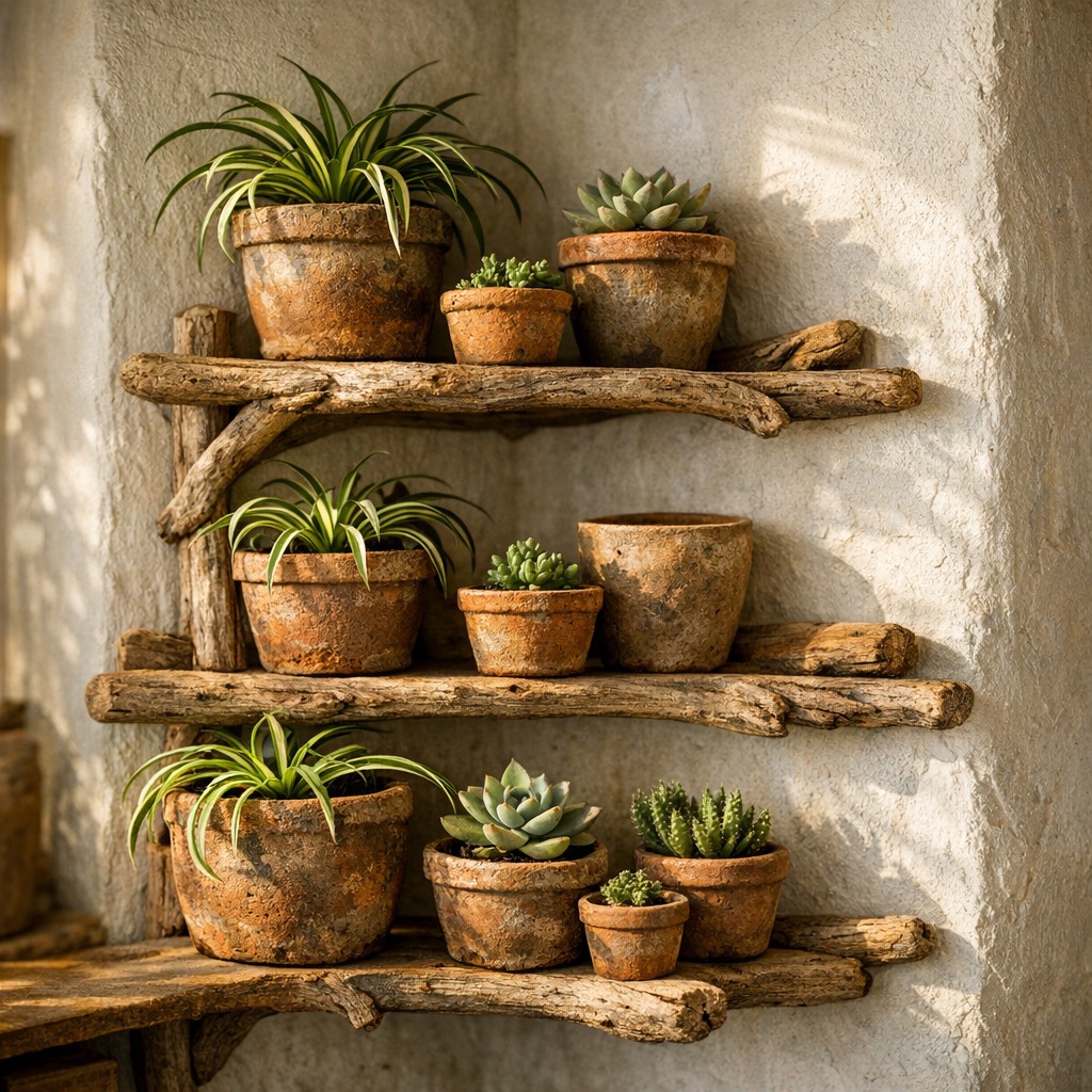 Rustic wooden shelves with terracotta pots of succulents and spider plants on a textured wall