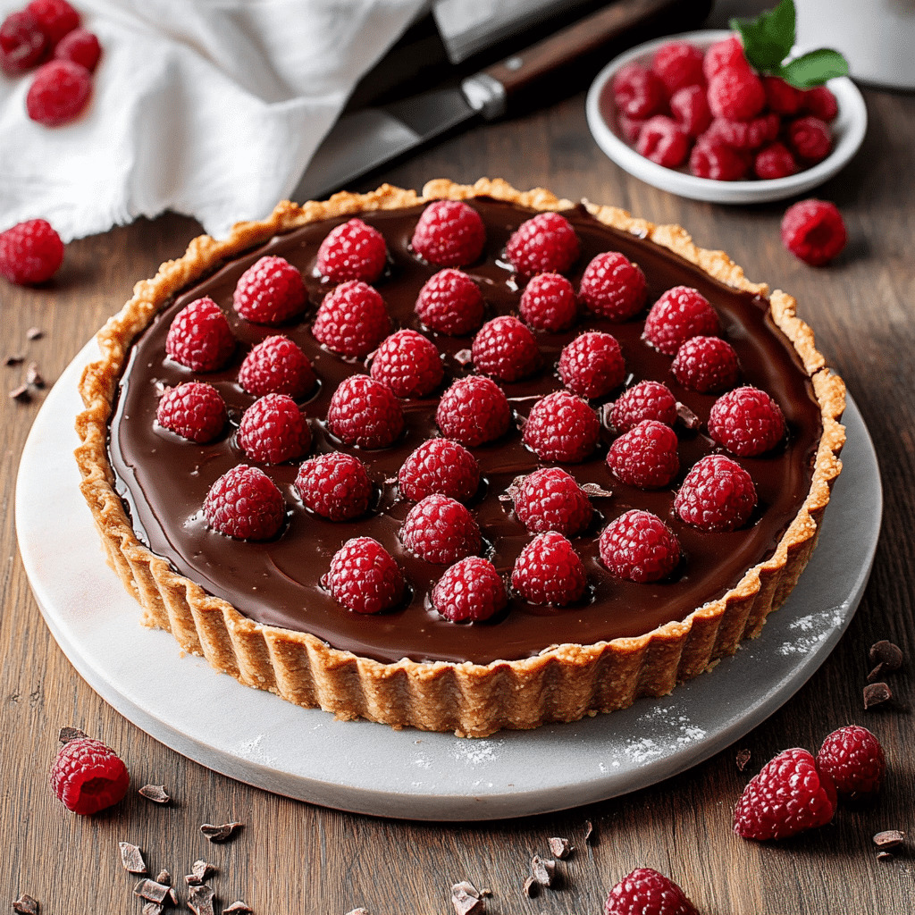 Chocolate tart with fresh raspberries arranged on top in a golden pastry crust on white marble plate