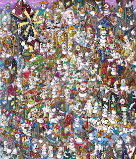 Crowded Christmas scene with hundreds of snowmen and holiday characters in a bustling winter village